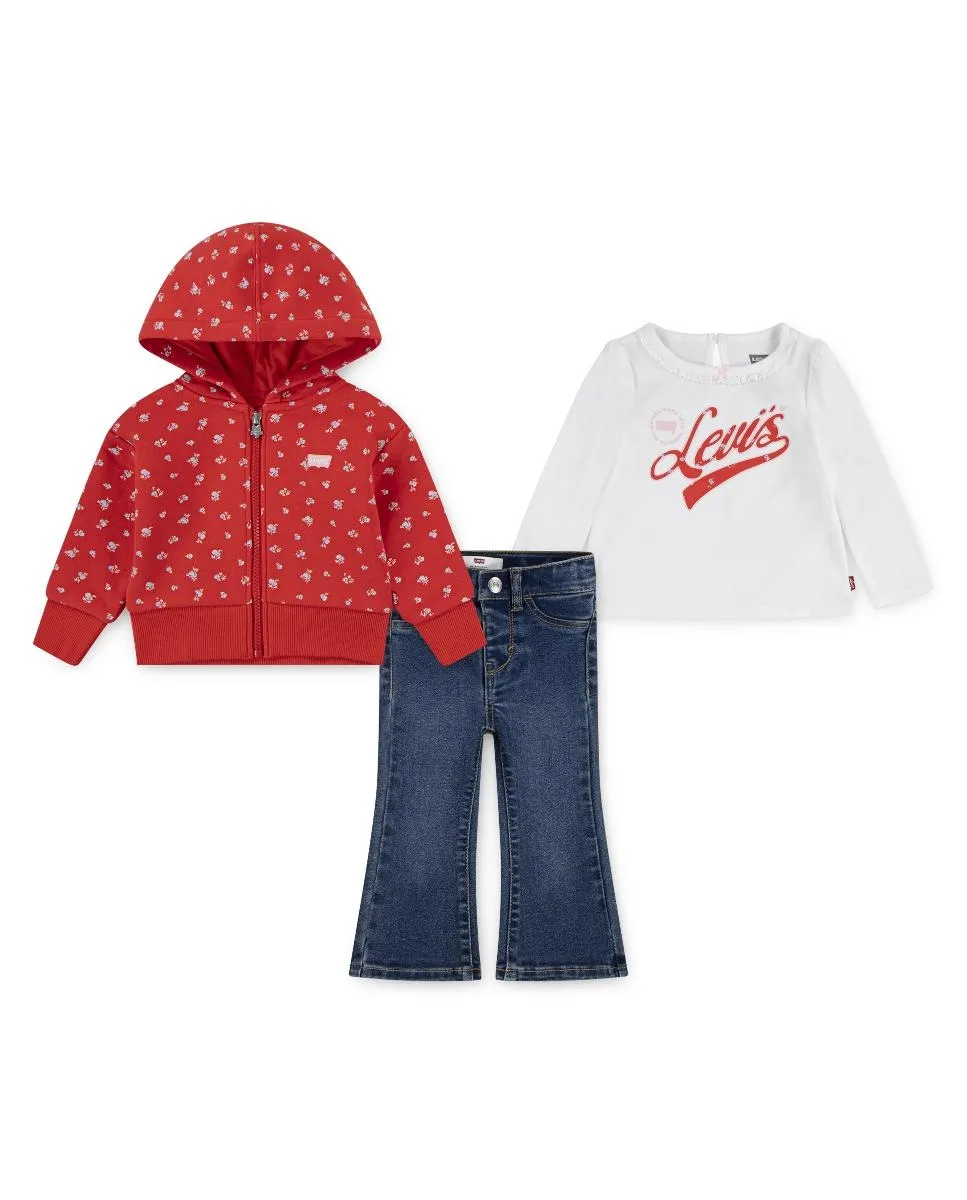 

Набор из топа, худи с капюшоном и молнией и клешевых джинсов для девочки Levi's, белый