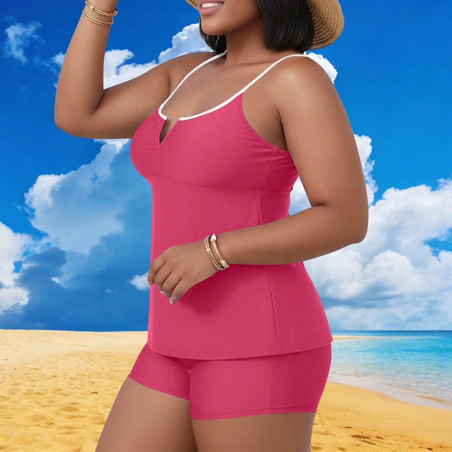 Женский танкини с V-образным вырезом и свободным топом, Hot Pink — фото 2