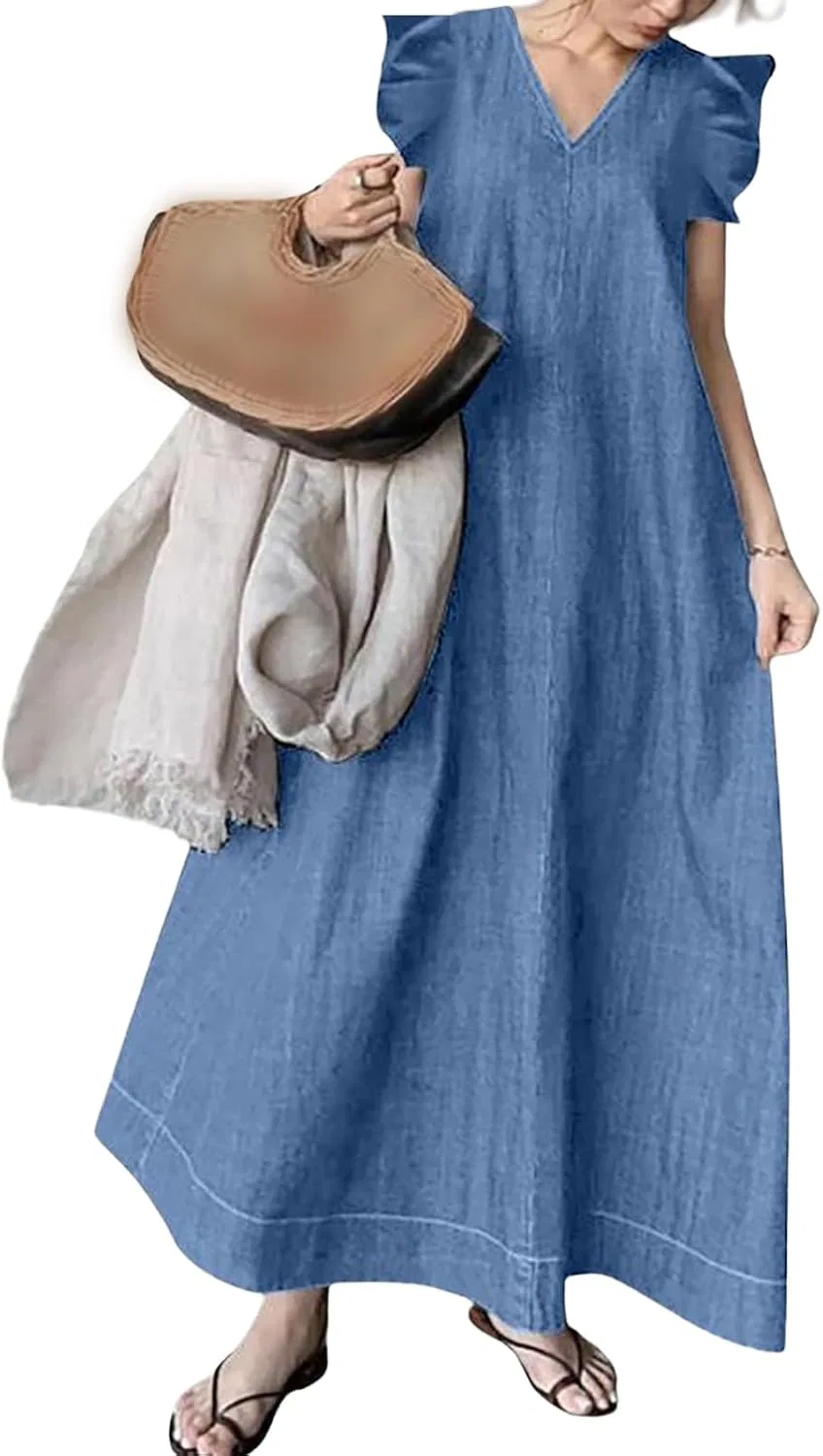 Женское джинсовое платье макси V-образный вырез воланы Casual, Sky Blue