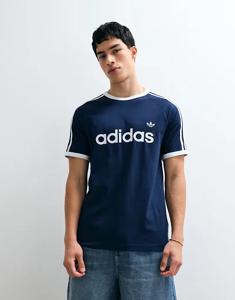 Футболка Adidas Originals с тремя полосками, темно-синяя и белая — фото 3
