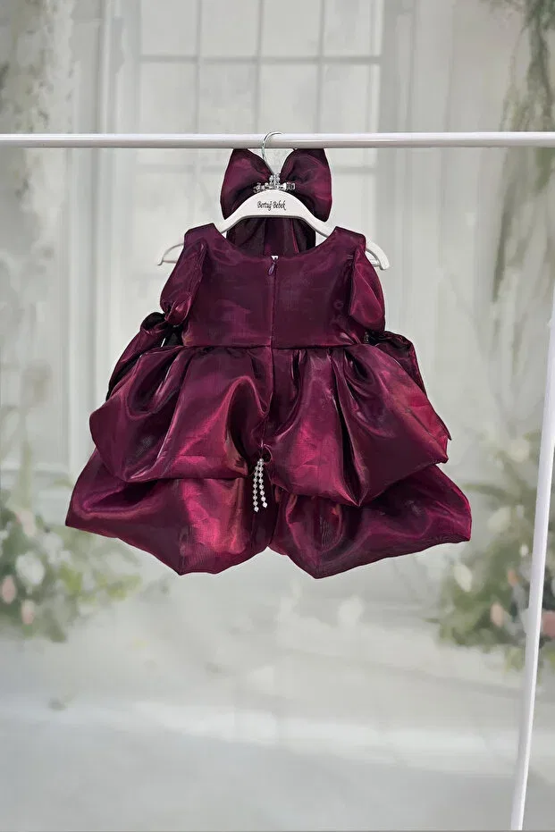 Детское платье для девочек с принтом Balloon skirt plum pearl detailed bow evening dress Bertuğ Bebek, Purple — фото 2