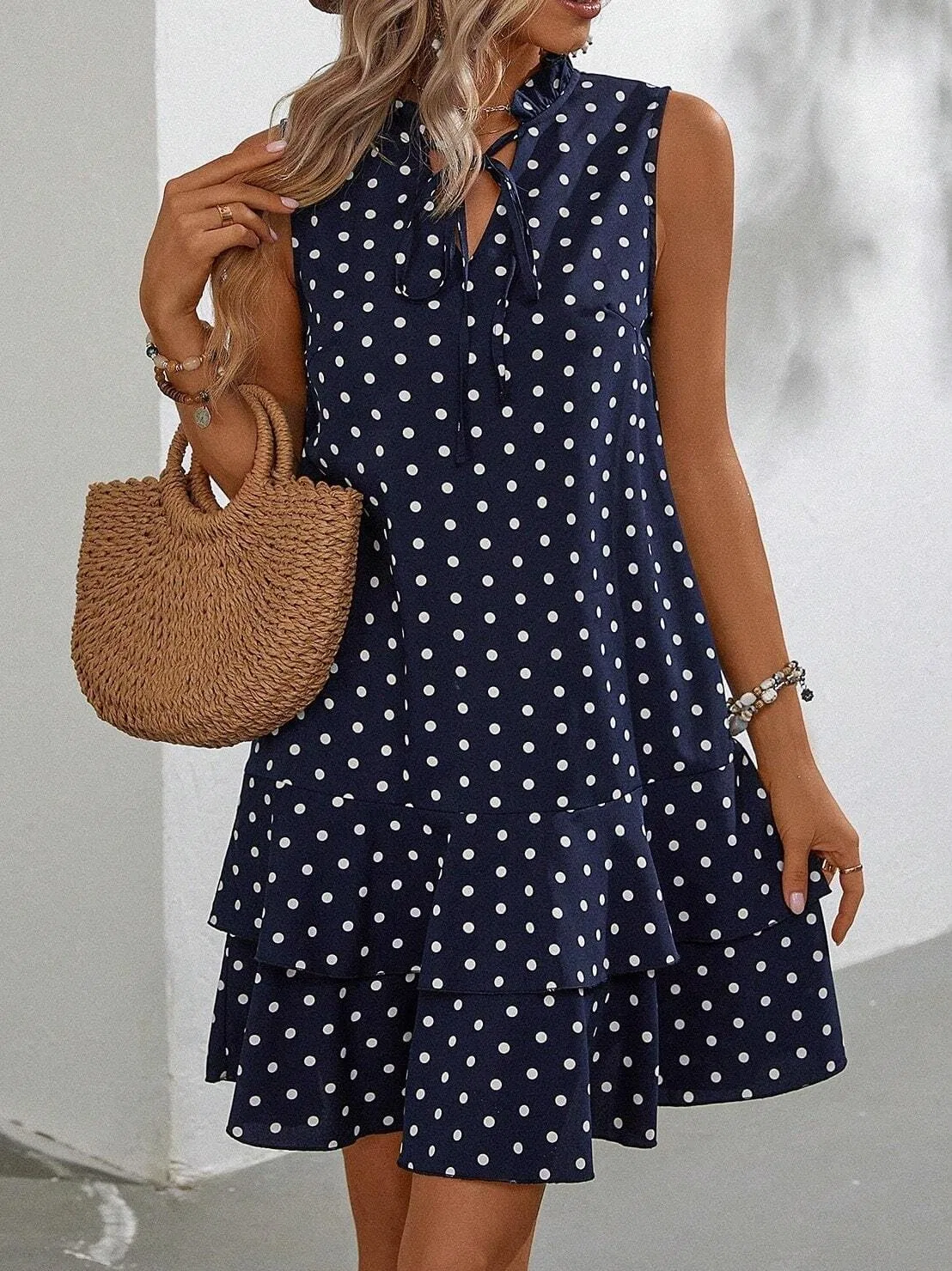 Женское повседневное платье с воланами и галстуком Polka Dot, Blue and White — фото 3