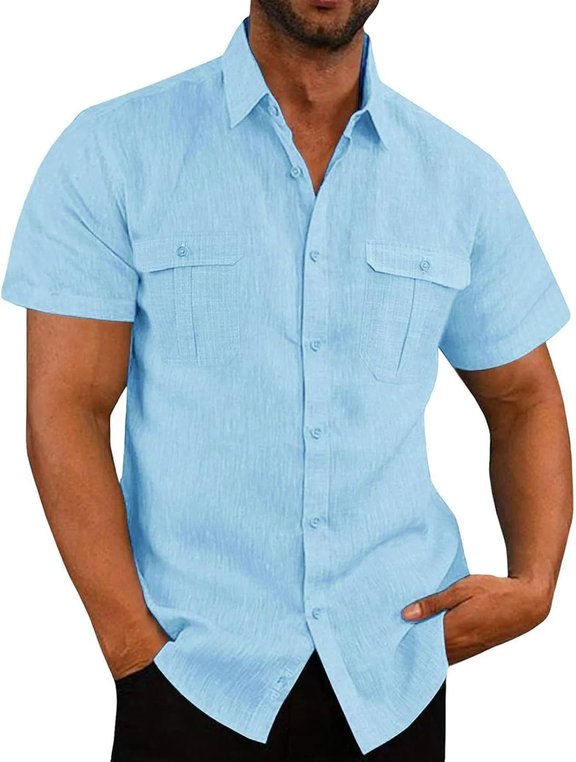Мужская хлопковая рубашка с коротким рукавом и карманом, Light Blue