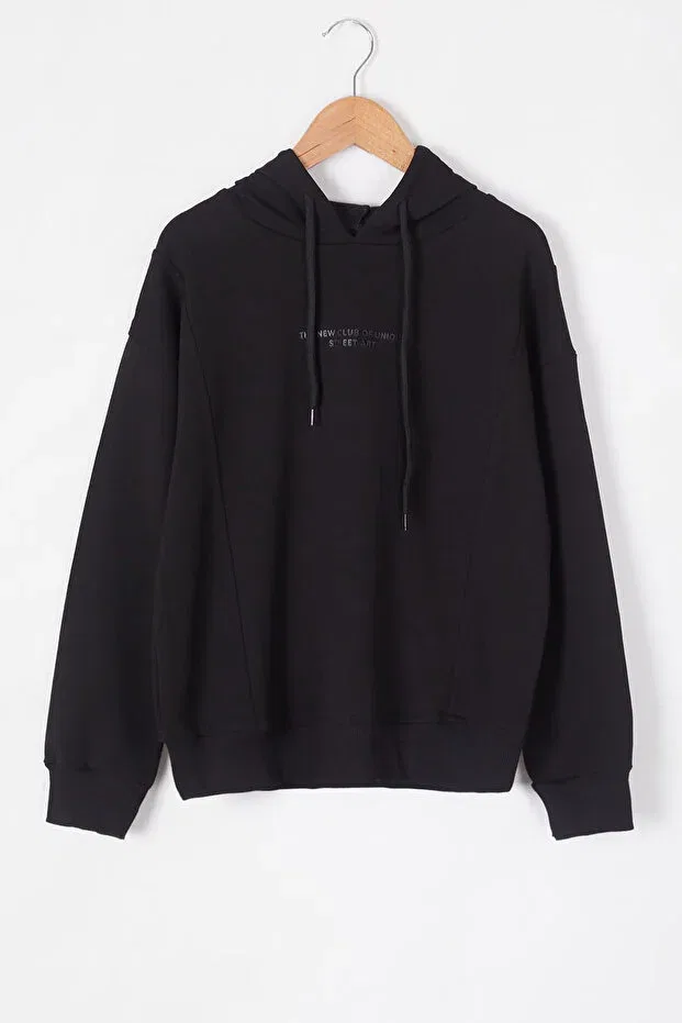 Детское худи для мальчиков с принтом Black Embossed Lettering Hooded Boys' Sweatshirt 19306 Cansın Mini, Black — фото 4