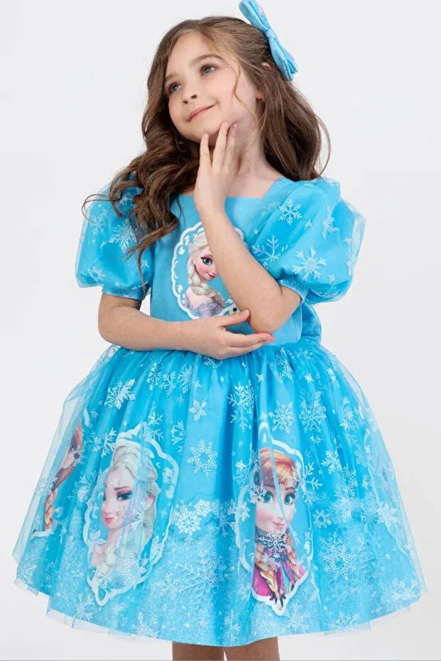 Детское платье для девочек с коротким рукавом Elsa short sleeve girl's dress blue frozen Turuncu Gardrop, Blue