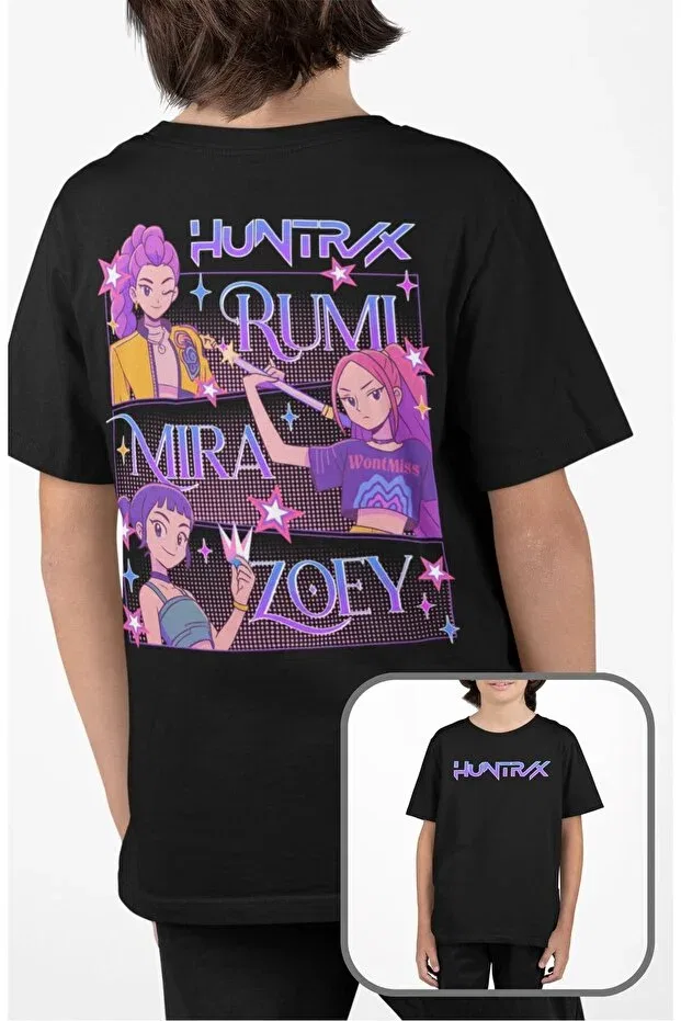 Детская футболка с принтом для мальчиков и девочек Rumi mira zoey sırt printed unisex kids t-shirt, huntrix themed baby t-shirt Fuddy Moda, Black