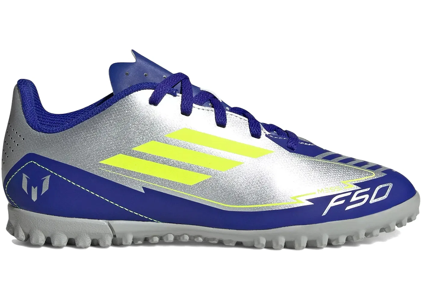Детские кроссовки для мальчиков с турбо-застежкой Adidas F50 Club TF, Silver Metallic/Solar Yellow/Lucid Blue