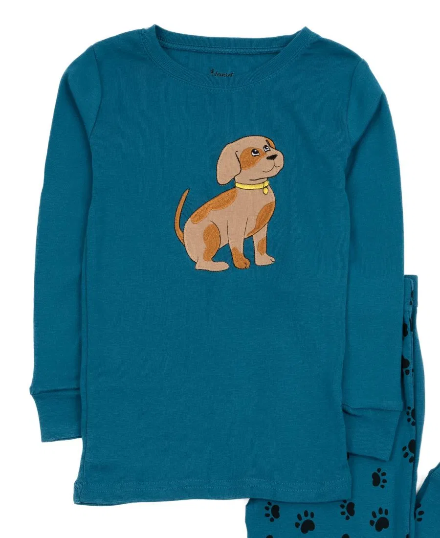 Детская пижама из хлопка с длинным рукавом, комплект из двух предметов Leveret, Dog Paw Teal Blue — фото 2