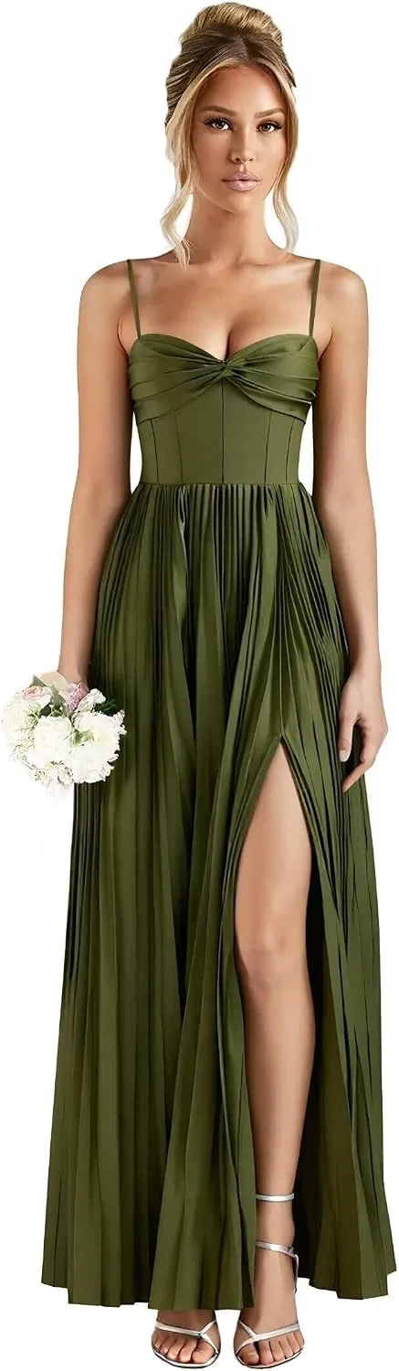Женское атласное платье с V-образным вырезом и разрезом, Olive Green