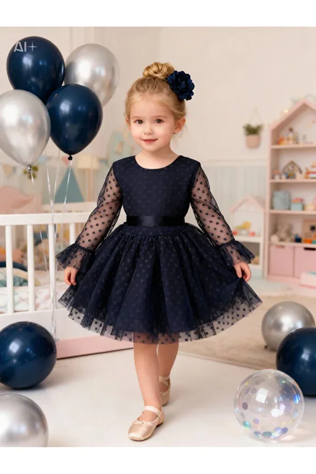 Детское платье для девочек с длинным рукавом Buckle polka dot tulle puffy dress Lunas Tekstil, Navy Blue
