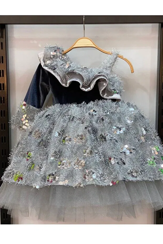 Детское вечернее платье для девочек с пайетками A-line Миди Anthracite sequined single sleeve girl's velvet evening dress Mika Bebek & Çocuk, Anthracite — фото 4