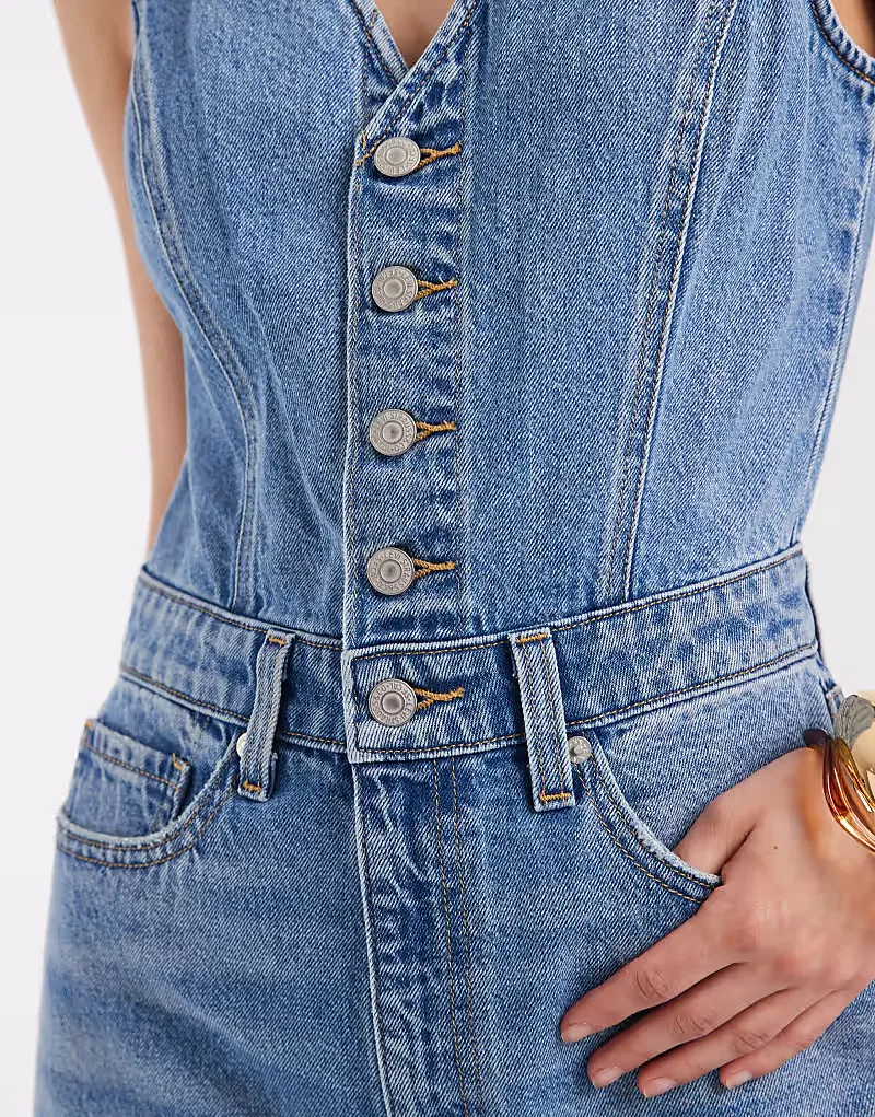 Джинсовый жилет Levi's, комбинезон с широкими штанинами, средне-синий — фото 4