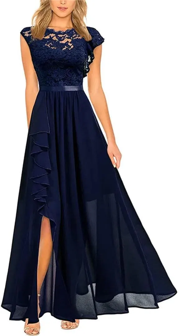 Женское повседневное платье миди с кружевом, Navy Blue