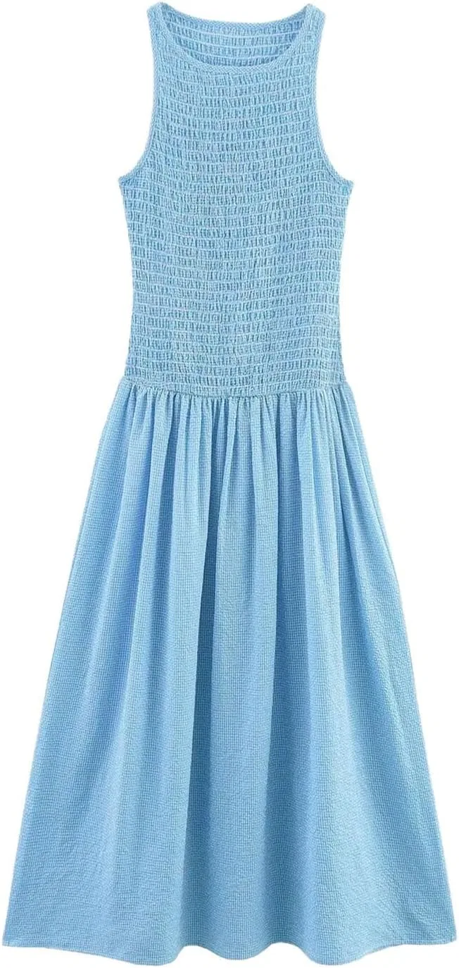 Женское платье миди с плиссе O-Neck Pullover, Blue