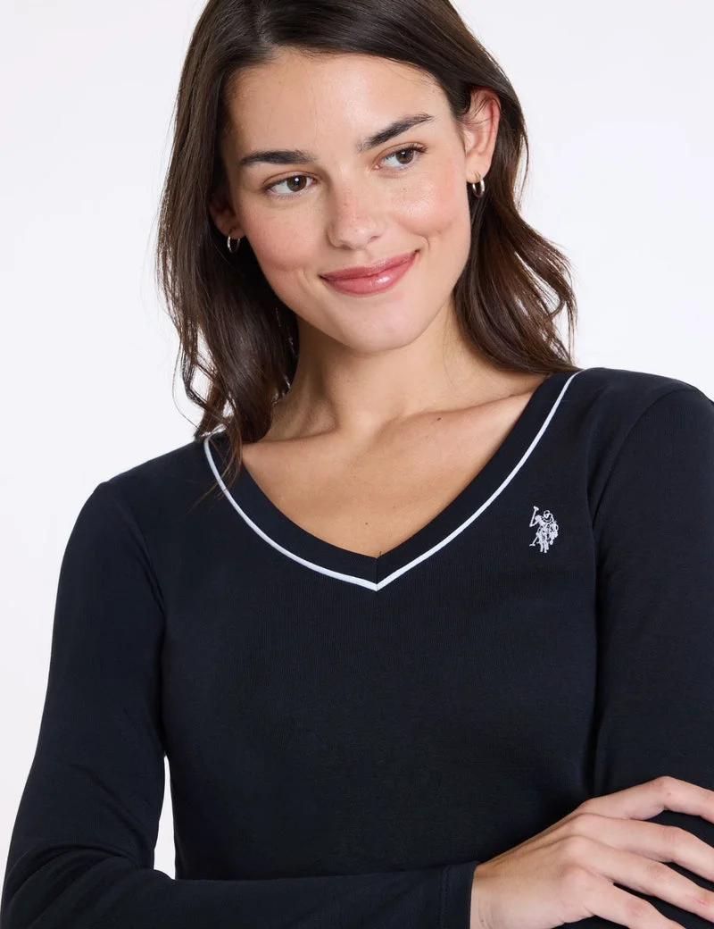 Женский лонгслив U.S. Polo Assn. Rib Pipe V-Neck T-Shirt, черный — фото 3