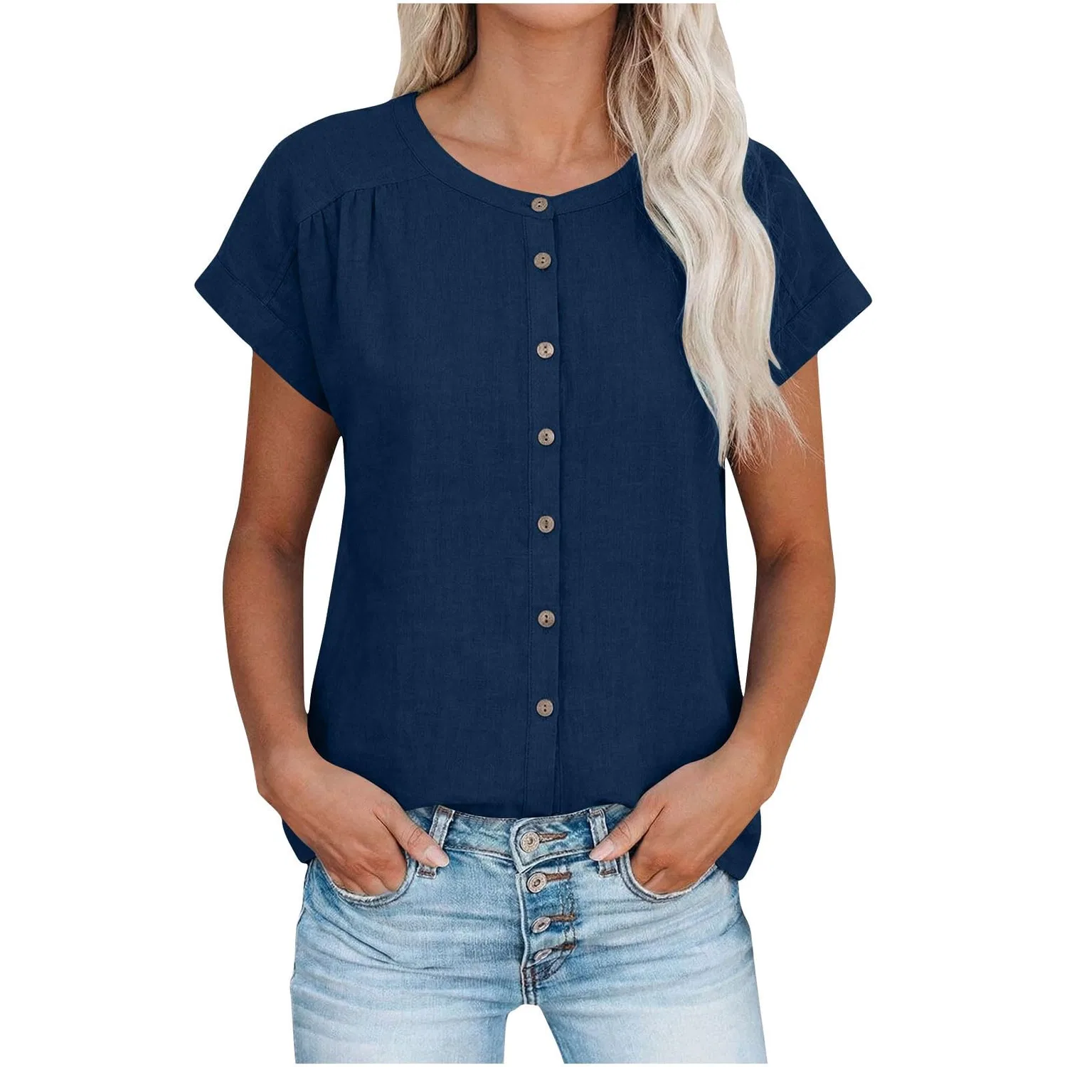 Женская льняная блузка с коротким рукавом, Za-dark Blue