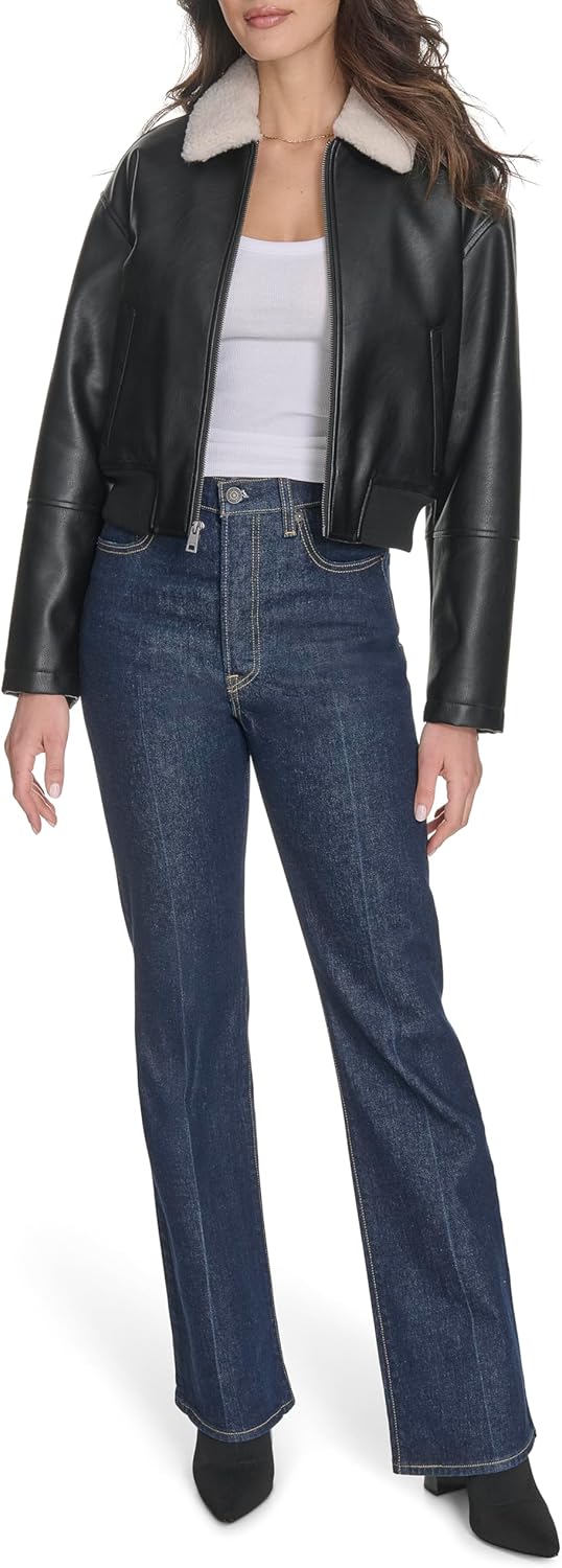 Женская куртка-бомбер Levi's из искусственной кожи с отложным воротником, черный — фото 2