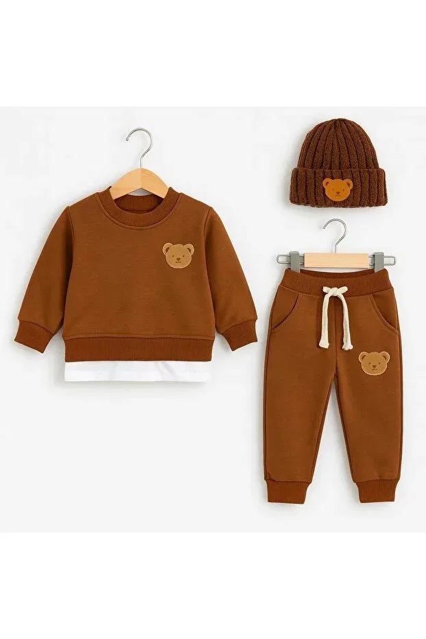 Детский комплект спортивного костюма из 3 предметов Teddy brown Şapkakids, Brown1 — фото 3