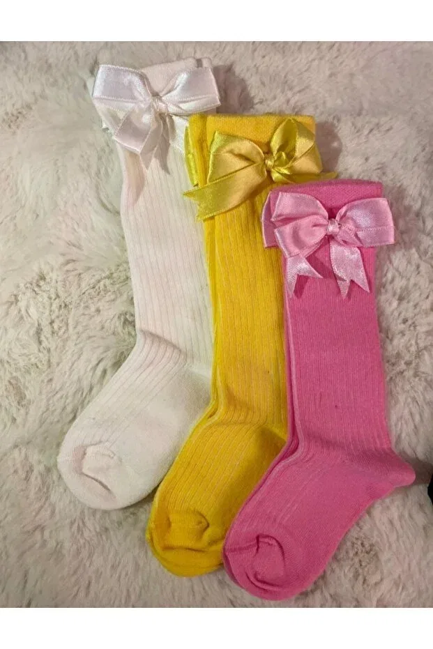 Детские носки для девочек с бантом Özkardeşler Baby, Ecru Pink Yellow