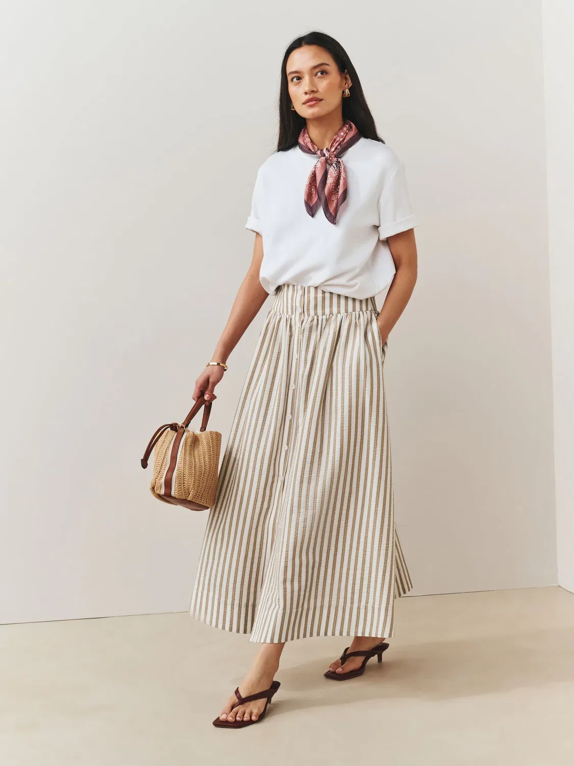 Юбка макси с полосками, Beige/White Stripe Next