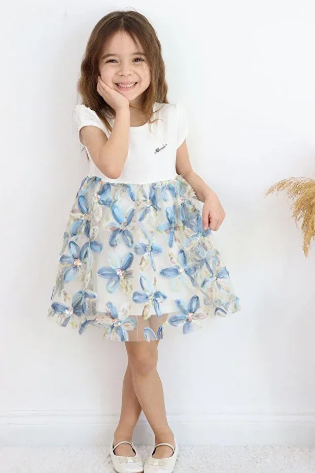 Детское платье для девочек с цветочным принтом 3D Daisy Flower Applique And Sequin Detail Breeze, Ecru — фото 2