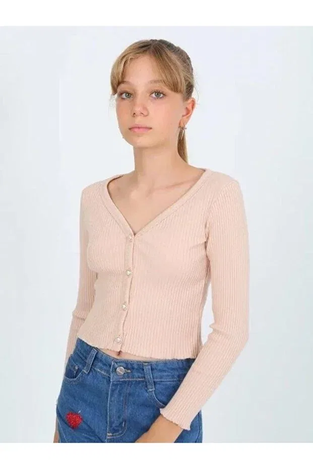 Детский кардиган для девочек с длинным рукавом Zekids, Beige — фото 3