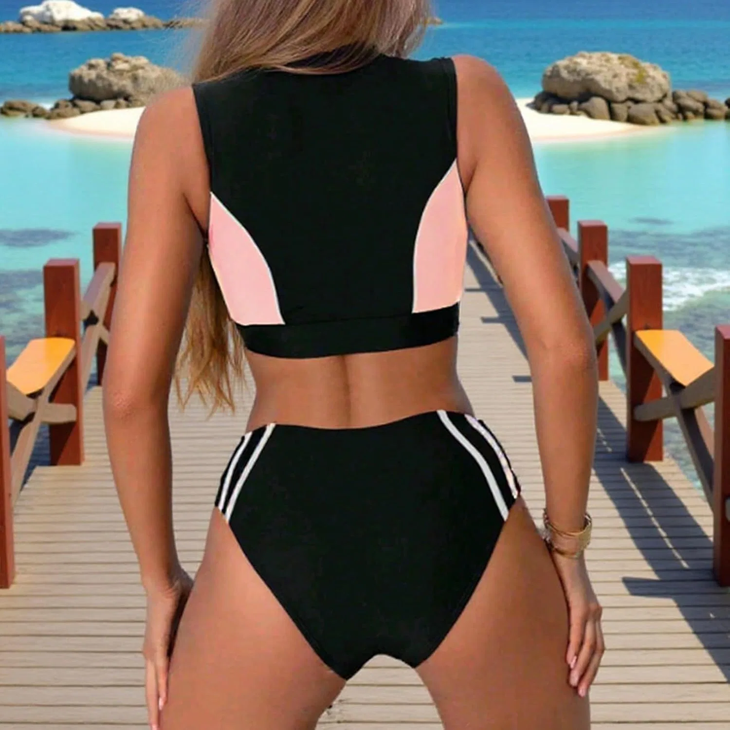 Женский танкини с завышенной талией, цвет-блок, с молнией и шортами Athletic Swimwear, Pink — фото 2