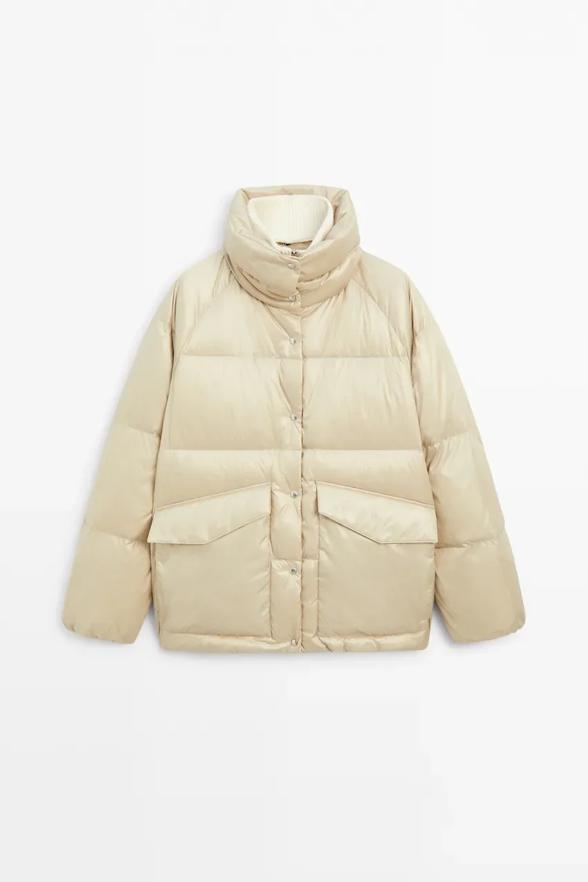 Пуховик Massimo Dutti High-neck Down, кремовый