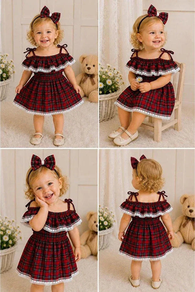Детский комплект платья и банданы с кружевом в клетку Moda Lina Baby, Red — фото 4