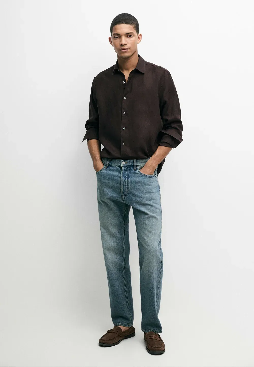 Рубашка из 100% льна, стандартного кроя Massimo Dutti, Dark Brown