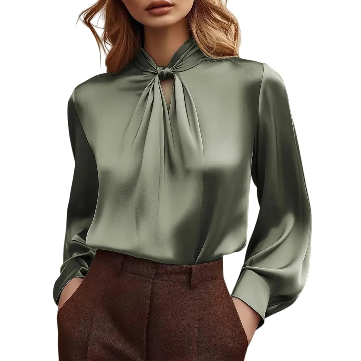 Женская блузка с длинным рукавом и бантом Elegant Work Shirt, Satin 06-green
