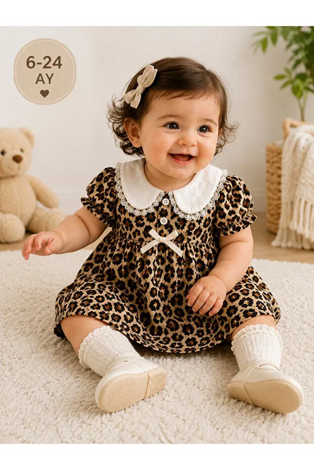 Детское платье для девочек с принтом Girl'S leopard patterned lace collar dress with ribbon detail stylish design dress Babymilk, Multicolor