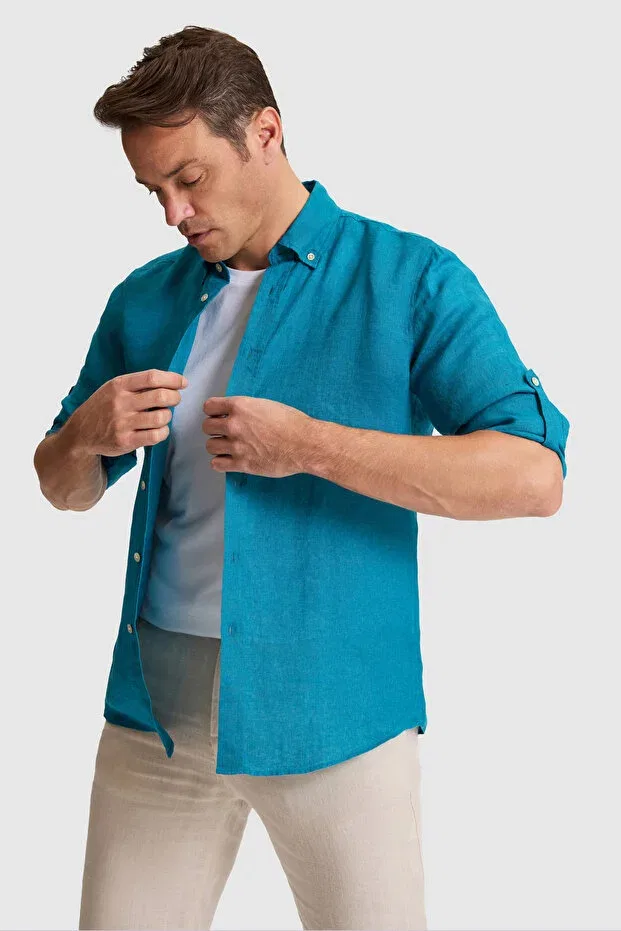 Мужская рубашка с длинным рукавом из льна U.S. Polo Assn., Oil — фото 3