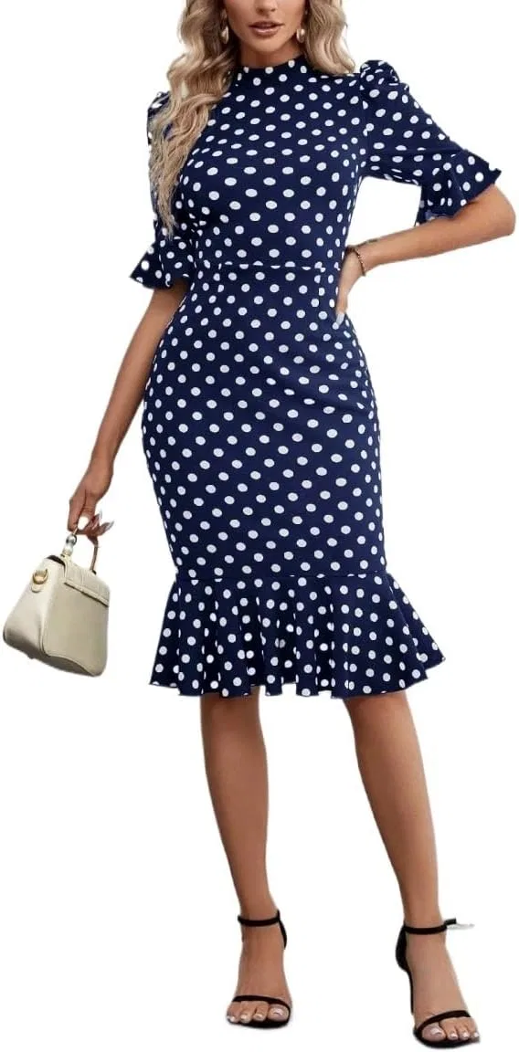Женское элегантное платье с воланами и горошком, Blue/White