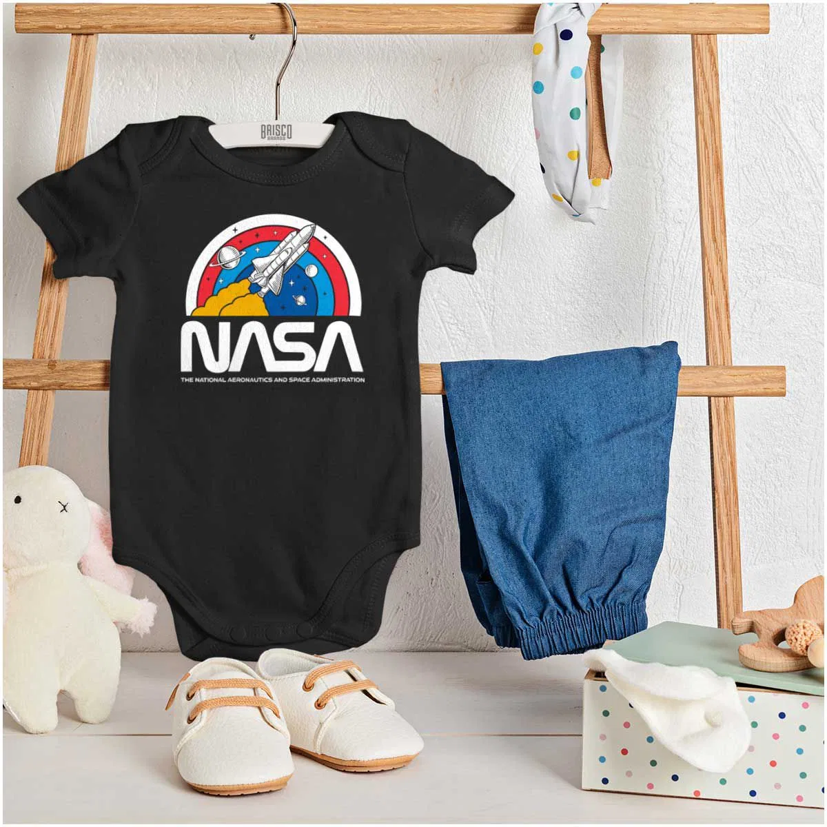 Детский боди-комбинезон с коротким рукавом NASA Vintage Retro Space Shuttle Brisco Brands, Black — фото 3