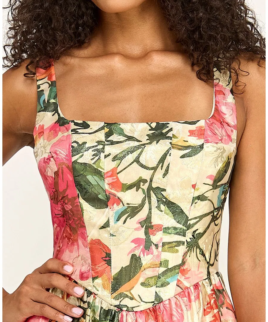 Платье-корсет на квадратном вырезе с принтом, модель Printed Jacquard Square Neck Corset Drop-Waist Dress SENI & CADE, Beige Green Pink — фото 4