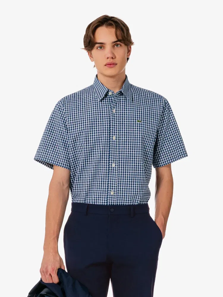 Рубашка с коротким рукавом Lacoste Chambray, хлопок, темно-синий