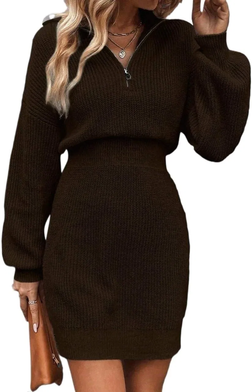 Женское короткое платье свитер с длинным рукавом Knitwear, Brown