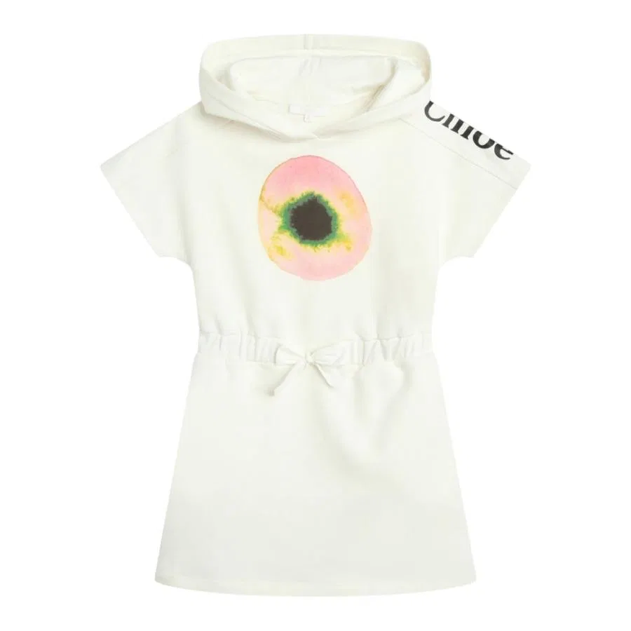 Платье хлопковое с капюшоном и принтом Chloe Girls Logo-Print Hooded Cotton Dress Chloé, White