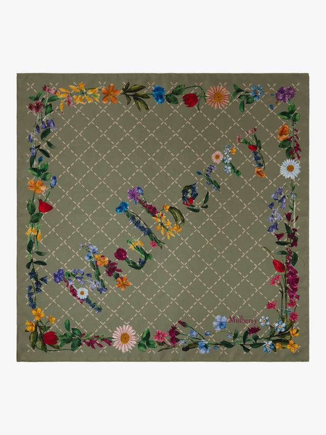 

Шелковый платок-шарф 100% Silk Twill с диким цветочным принтом Mulberry, Linen Green/Multi