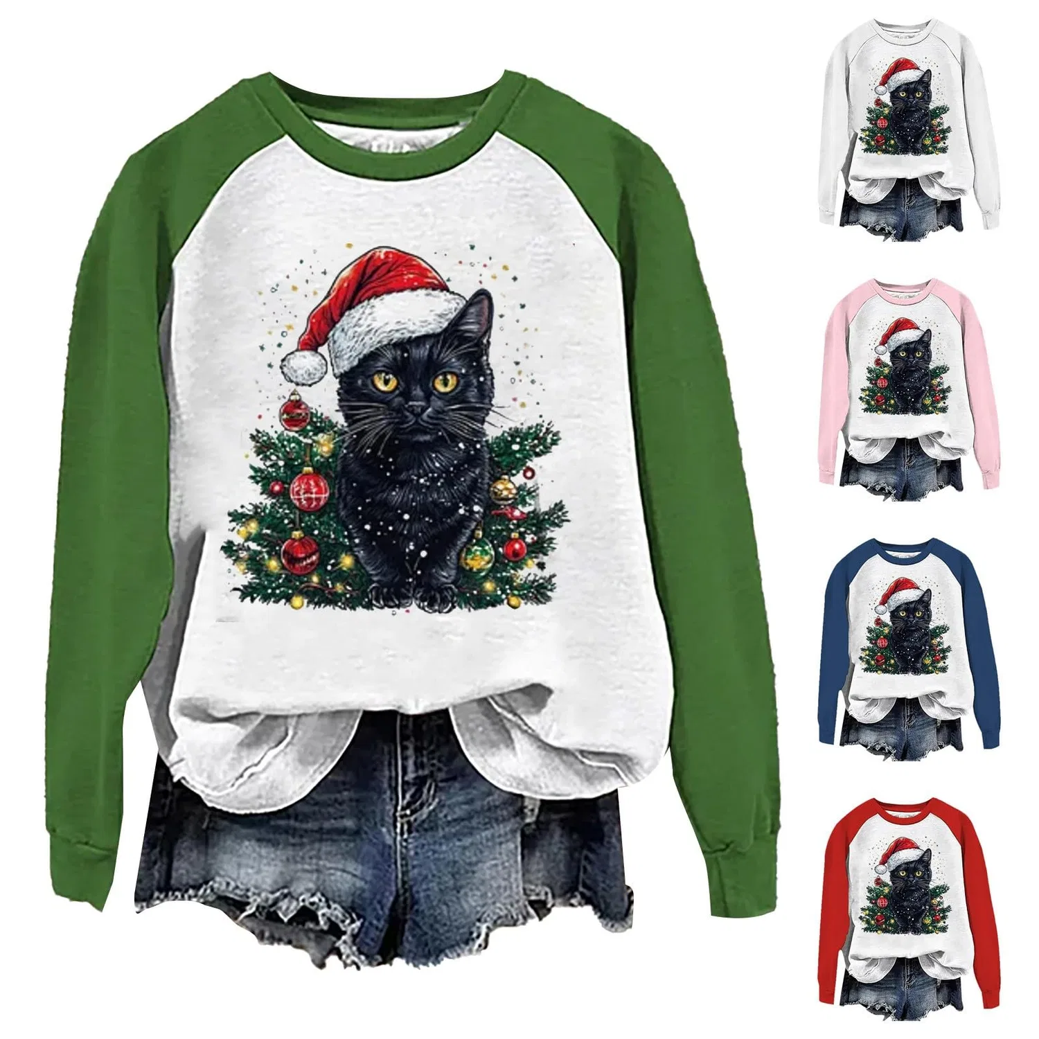 Женский свитшот с принтом Christmas Tree Funny Cat Say What Woman Pullover, Z11 Blue