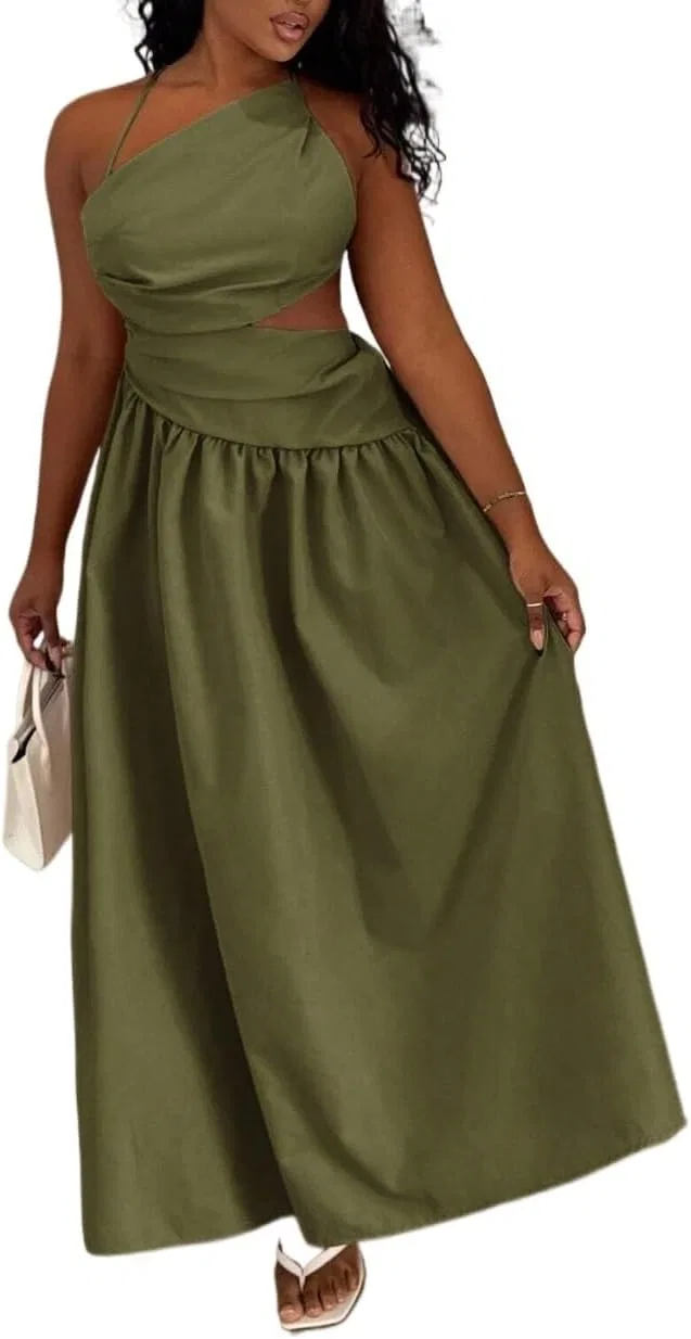 Женское длинное платье на бретелях с вырезами A Line, Army Green
