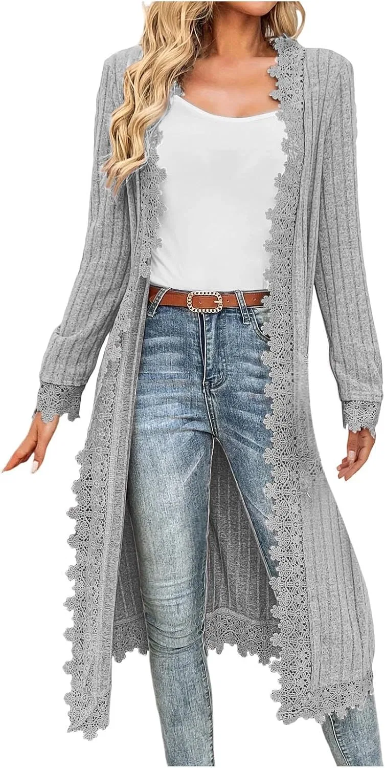 Женский кардиган свободного кроя с длинным рукавом, модель Casual Ruffle Hem, серый