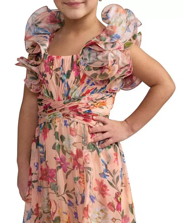 Детское платье для девочек с принтом Floral Chiffon Ruffle Shoulder Dress Mac DUGGal, Pink Multi — фото 3