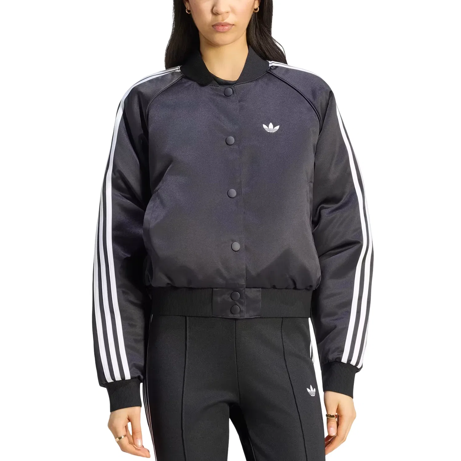 Женская куртка-бомбер из атласа с длинным рукавом Satin Bomber Jacket Adidas, черный — фото 2