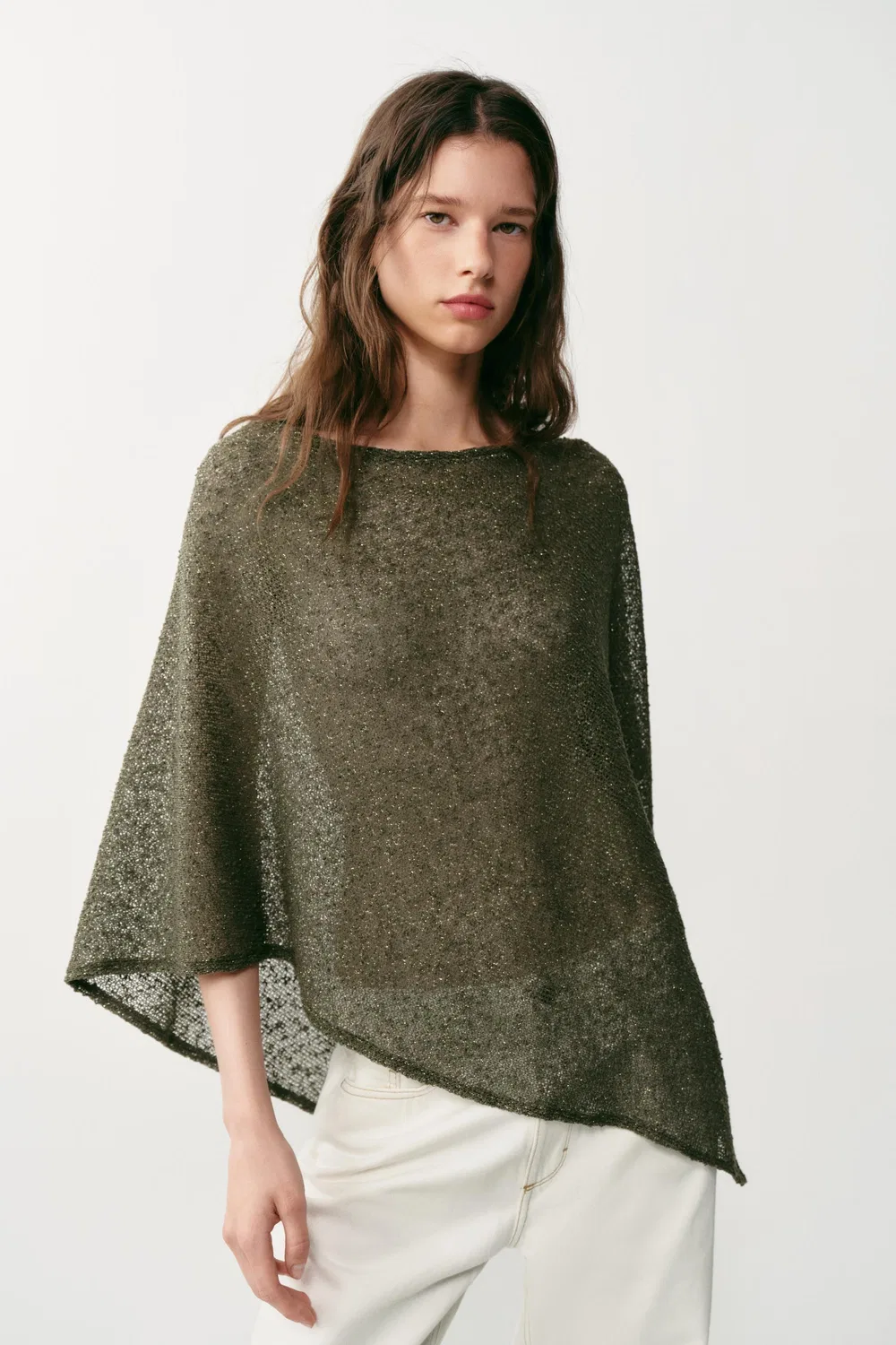 Асимметричная накидка из металлизированной нити ZARA, Khaki — фото 2