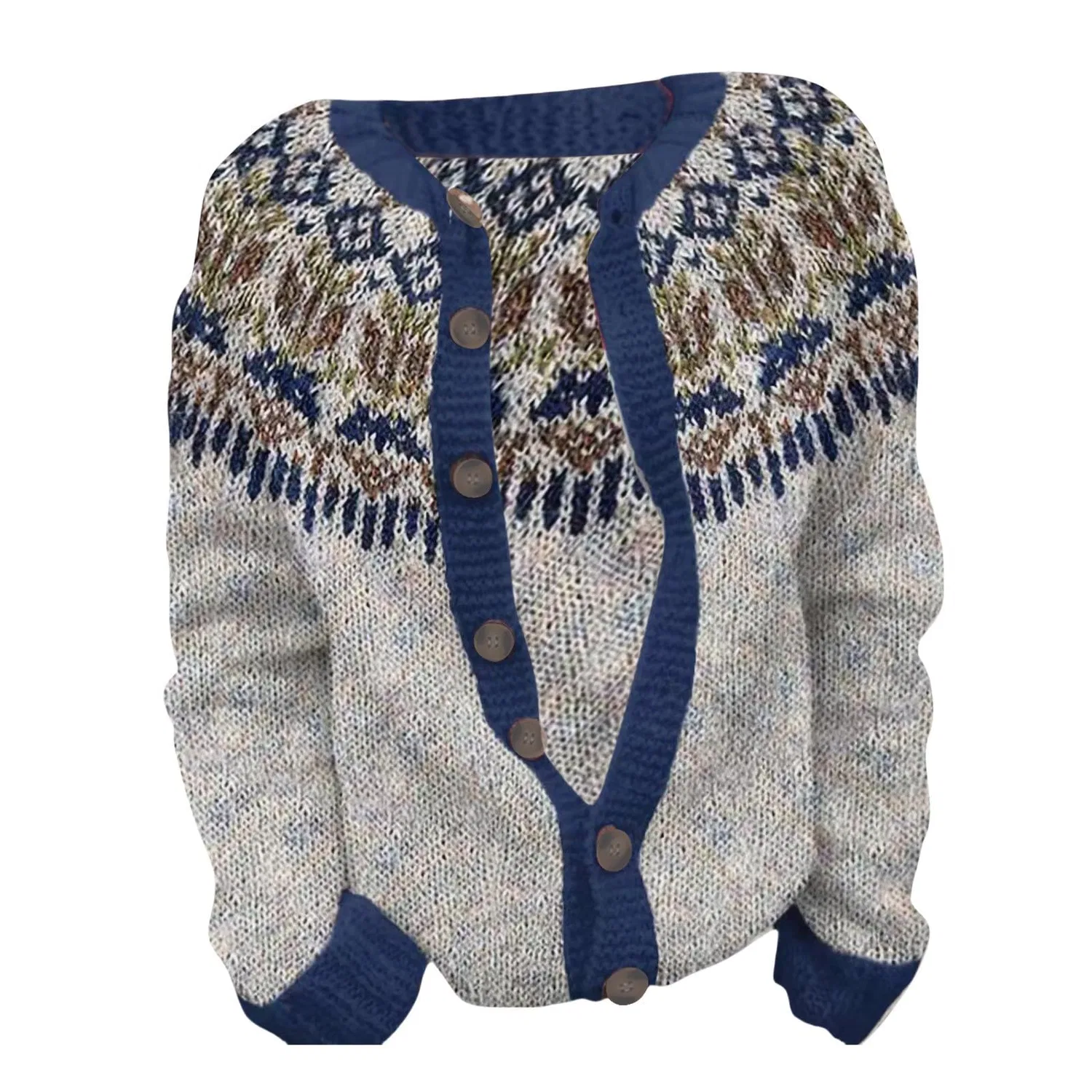 Женский кардиган с нордическим узором Fair Isle с длинным рукавом, Blue-f — фото 3