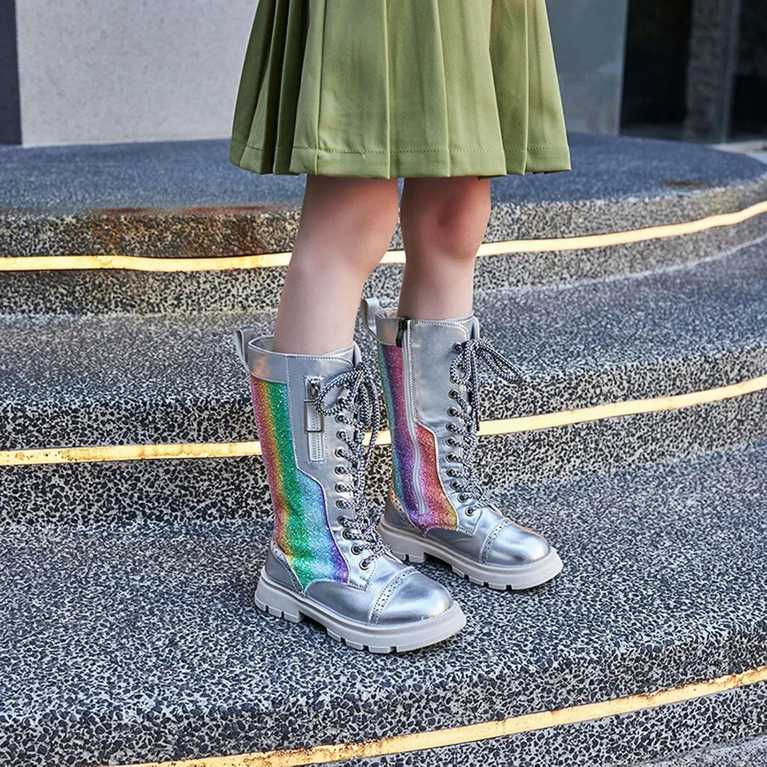 Детские ботинки для девочек с принтом Combat Boots Zzalalana, Silver — фото 3