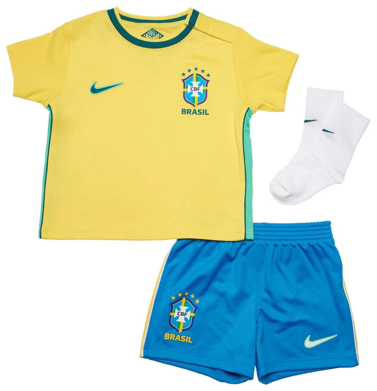 Детский комплект для мальчиков с футболкой, шортами и носками Nike Brasil Dri-Fit Stadium Home Kit, Nike, Light Menta/Canary