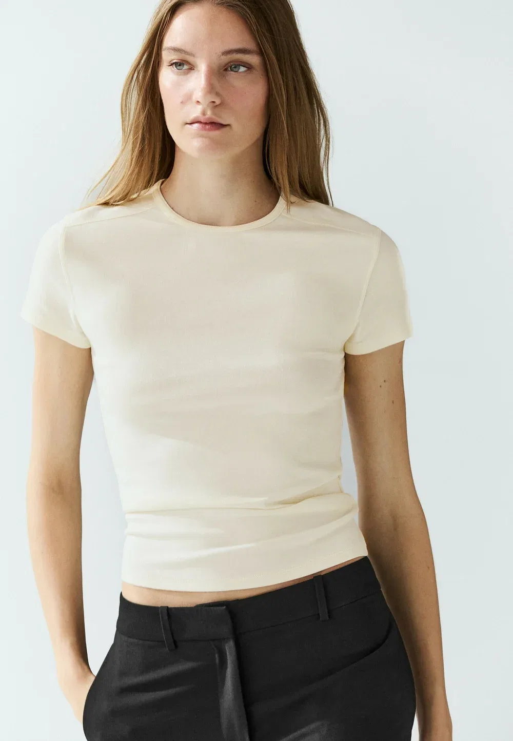 Футболка с коротким рукавом из смесовой хлопковой ткани - базовая футболка Massimo Dutti, Sand